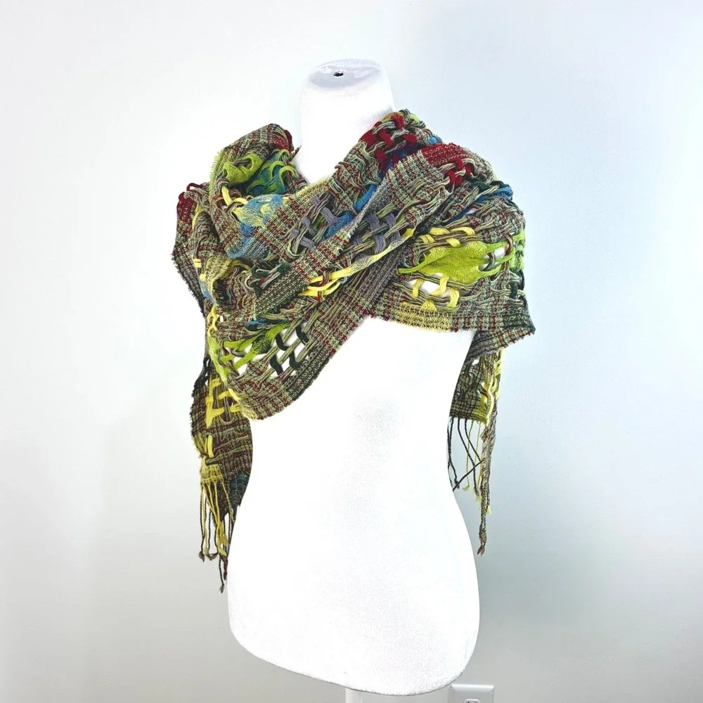 Steampunk Artisan Hand Woven Open Knit Fringe Scarf Shawl Multi-Color OS